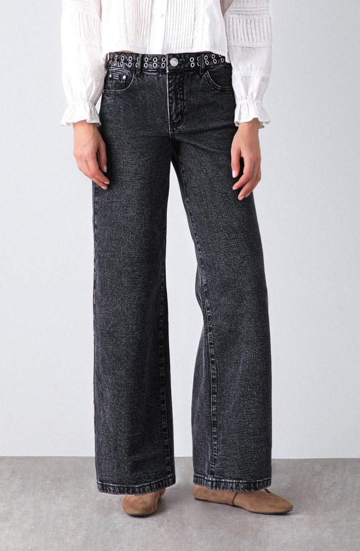 Pantalón Wide Leg Pretina Ojal Black