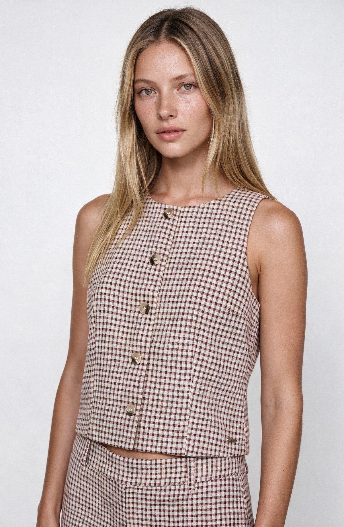 Vest Cuadros Print Ecru