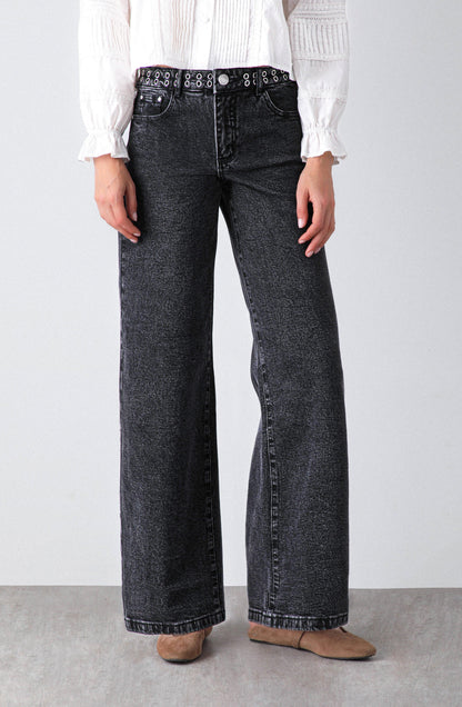 Pantalón Wide Leg Pretina Ojal Black